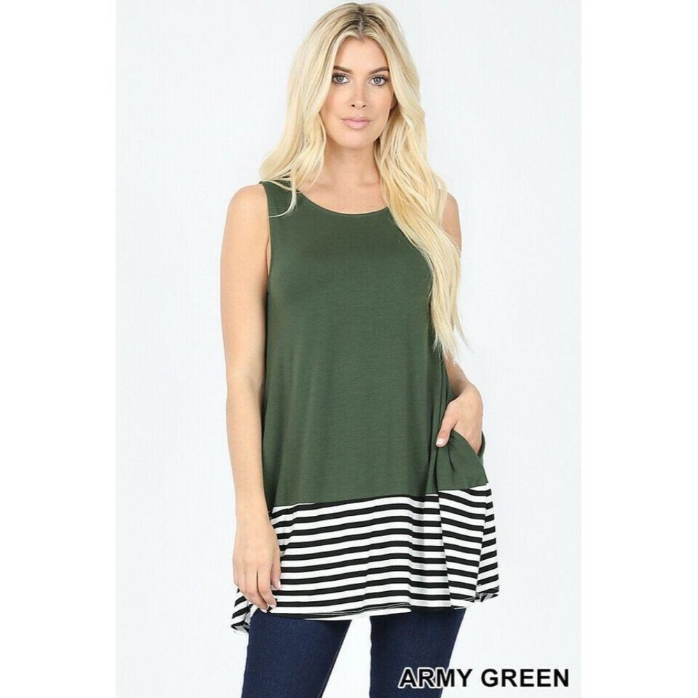Zenana Sleeveless Top Striped Solid Contrast LG